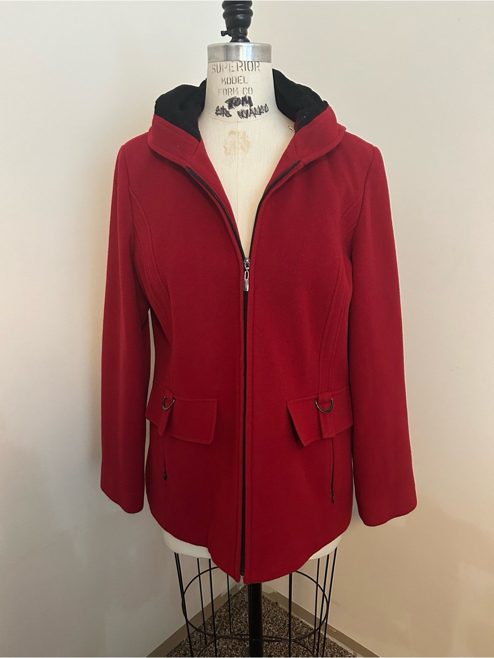 croft & barrow Red Hooded Zip-Up Pea Coat with Flap Pockets